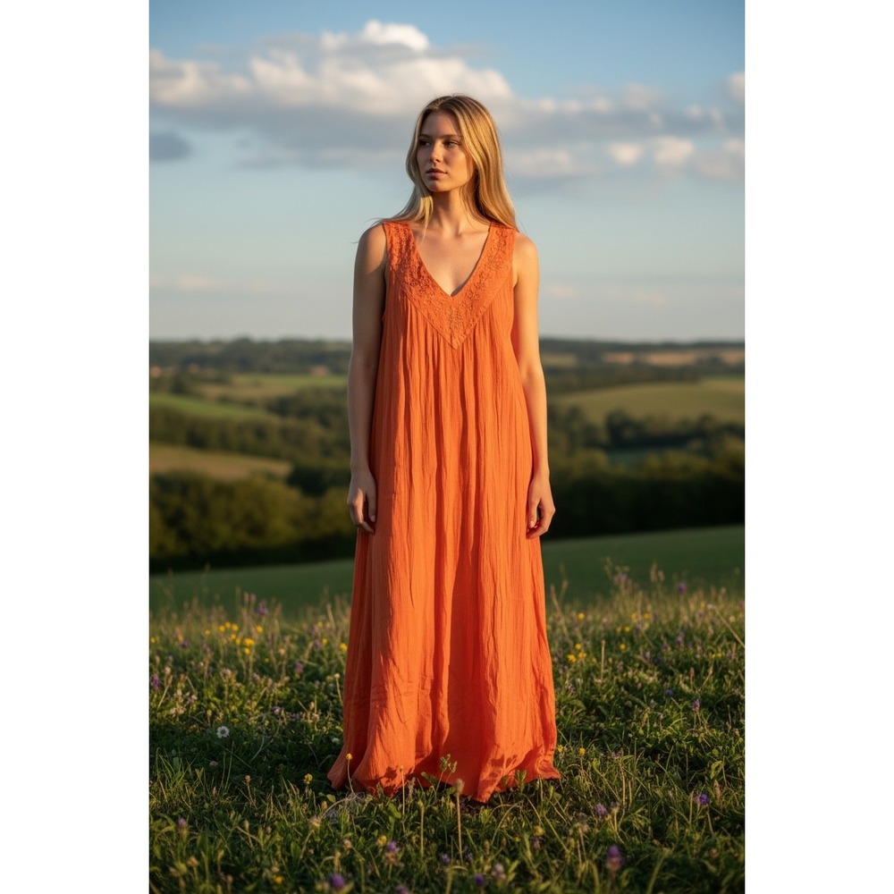 NJ Orange Crinkle Gauze Embroidered V-Neck Sleeveless Maxi Dress Free Size NEW
